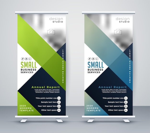 green and blue business rollup standee banner