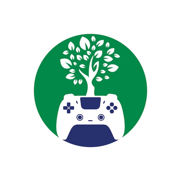 A green and blue game controller with a tree growing out of it.