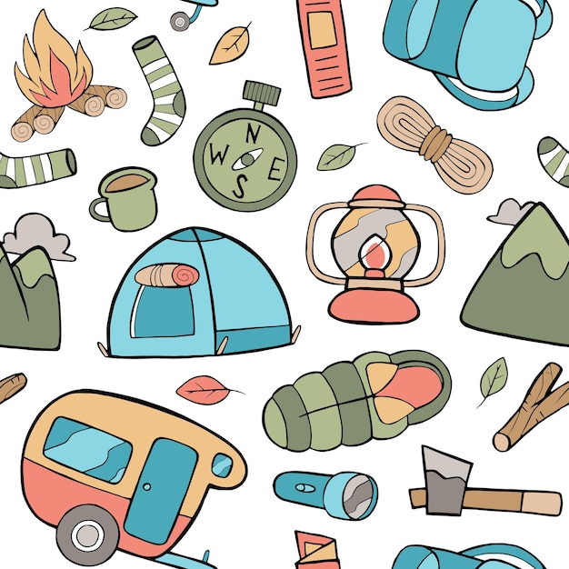 Green, blue and orange camping seamless pattern in flat design style