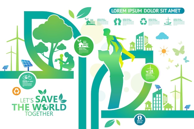 A green and blue poster that says save the world.