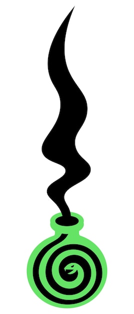 A green bottle of poison. Magical black vapors in the form of a snake emerge from the bubble