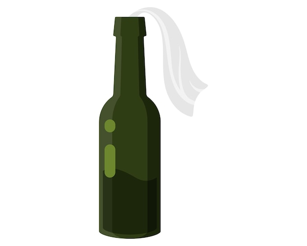 Green bottle with a Molotov cocktail, a terrorist weapon with a flammable liquid or gasoline and rag wick. Concept of terrorism and war with the use of military arms for soldiers.