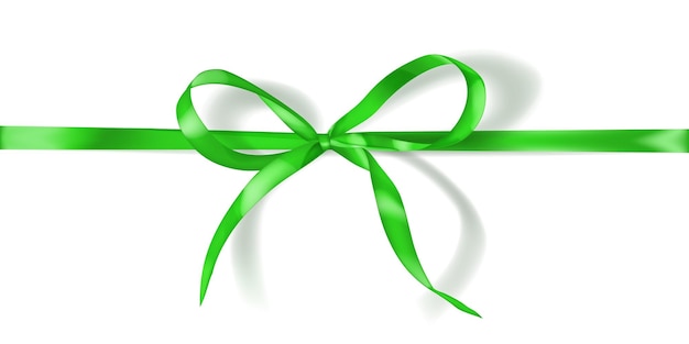 Green bow made of narrow ribbon with shadow on white background Horizontal arrangement