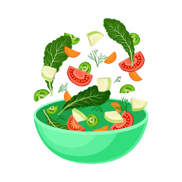 Vector green bowl with slices of tomatoes and herbs vector illustration on a white background