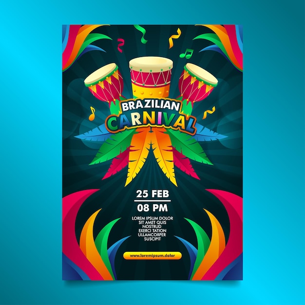 Vector green brazilian carnival flyer with colorful samba batucada drum and feather design