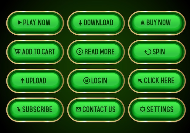 Green buttons for website Set of vector 3D buttons isolated on black background