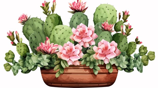 Vector green cactus with pink flowers in brown flowerpot