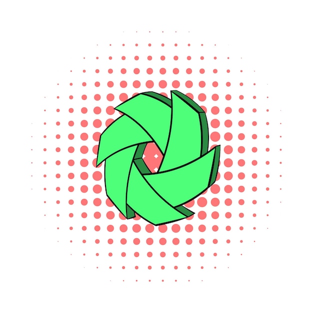 Green camera aperture icon in comics style on a white background