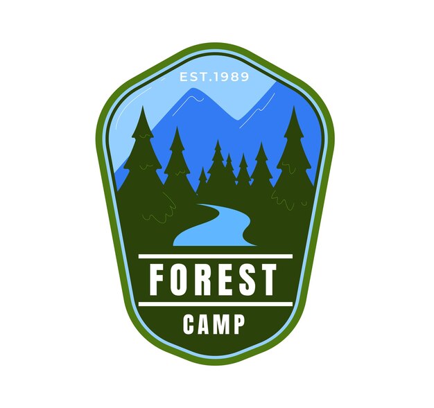 Vector green camping badge with mountain pine trees and river outdoor adventure logo forest camp emblem