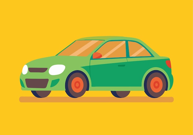 A green car is parked on a yellow background