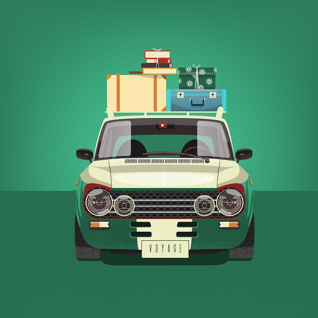 Green car loaded with suitcases.Vector illustration