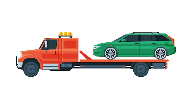 Vector green car transporting on tow truck roadside assistance service flat vector illustration