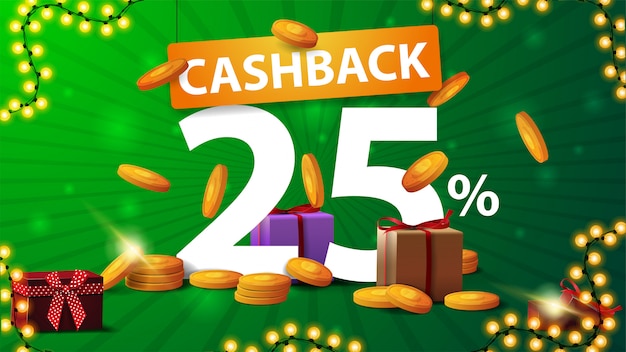 Green cashback banner with large numbers of percent 25 with gold coins around, gold coins falling from the top and large orange pointer with title