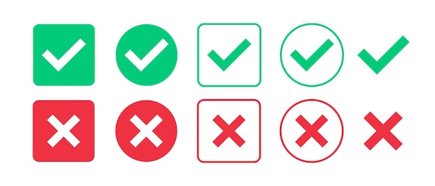 Green check mark and red cross mark icon set Isolated tick symbols Checklist signs Approval badge Flat and modern checkmark design Vector illustration