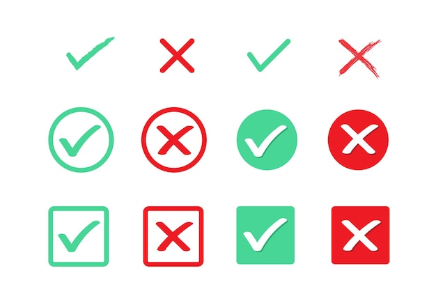 Green check mark and red cross True and false flat icons