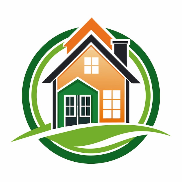 A green circle logo with a stylized house and leaf at the bottom