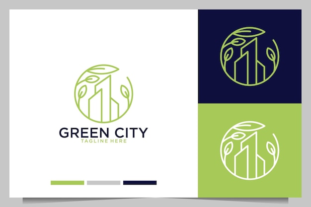 Vector green city building with green leaf logo design