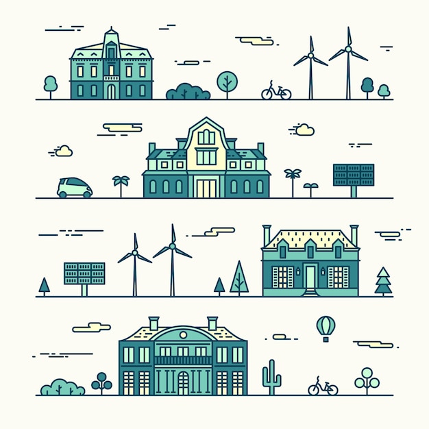 Green city concept detailed silhouette, eco theme infographic design elements. Trendy vector illustr