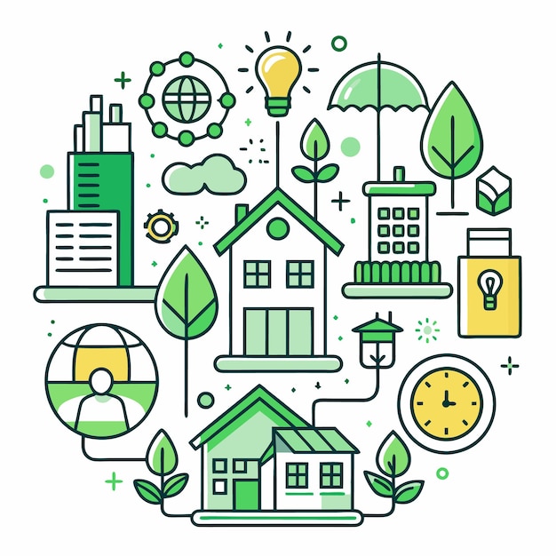 Green City Illustration with Houses Global Network and Time