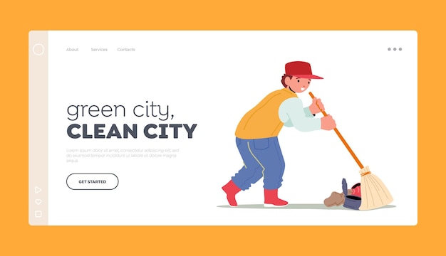 Green City Landing Page Template. Volunteer Child Character Cleaning Garbage Sweeping Ground, Collecting Trash. Volunteering Charity and Ecology Protection. Cartoon People Vector Illustration