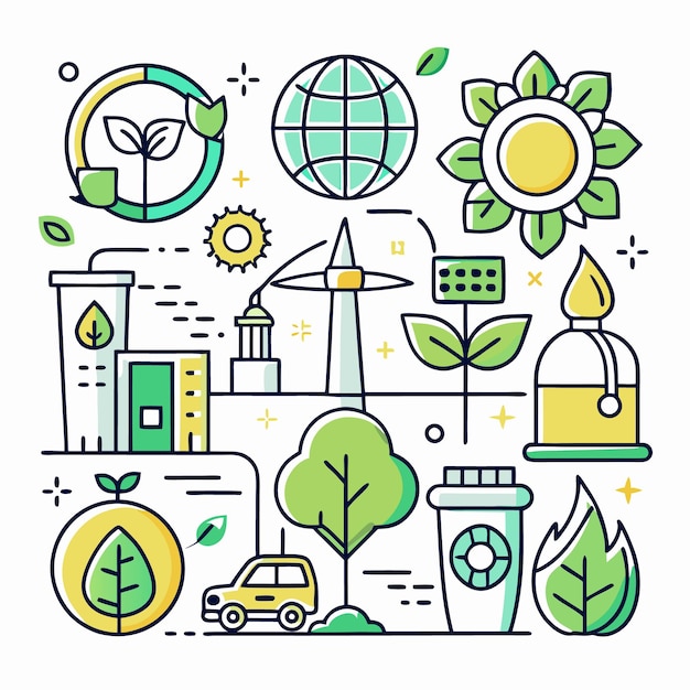 Green City Line Art with Environmental Sustainability Icons