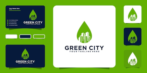 Green city logo design inspiration with leaves and buildings and business card inspiration