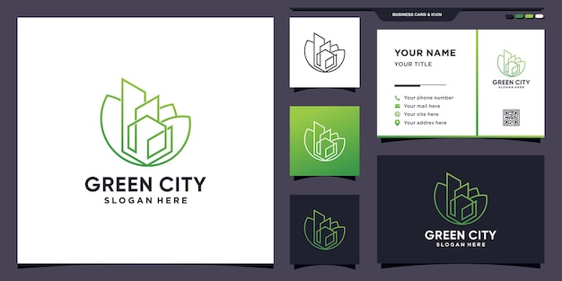 Vector green city logo with unique line art style and business card design premium vector