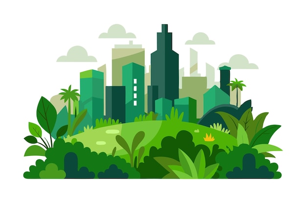 Vector green cityscape surrounded by lush plants and trees illustrating environmental sustainability