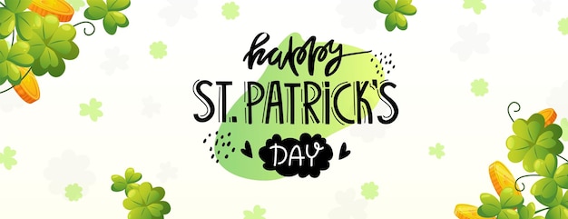 Green clover and golden coins with holiday greeting text for Saint Patrick's Day