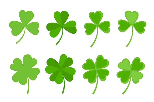 Green clover leaf flat style design vector set St Patricks Day shamrock decorative elements