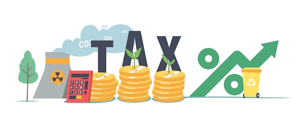 Green Co2 Taxes Concept. Coins Piles with Sprouts Growing and Factory Pipe Emitting Smoke, Calculator, Green Tree and Recycling Litter Bin. Taxation for Nature Pollution. Cartoon Vector Illustration