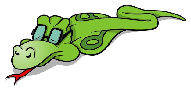 Green Cobra Sleeping on the Ground with Tongue Out as Cartoon Illustration