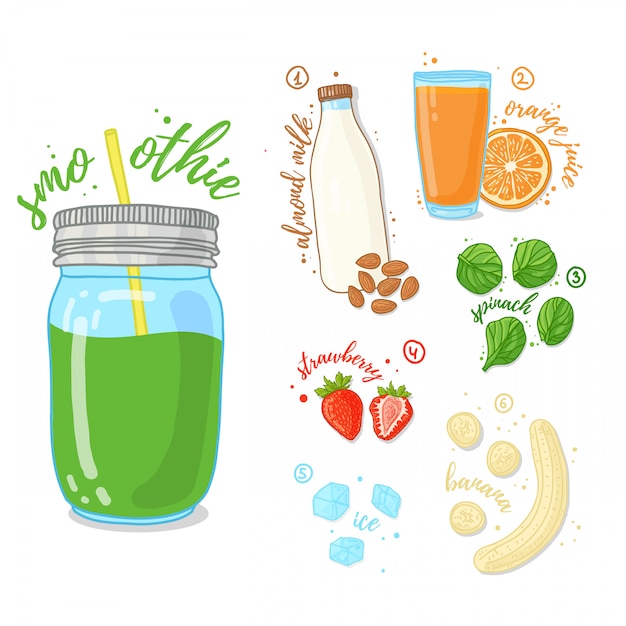 Green cocktail of fruits and vegetables. Smoothies with spinach, almond milk and a banana. Recipe vegetarian smoothies in a glass jar. .