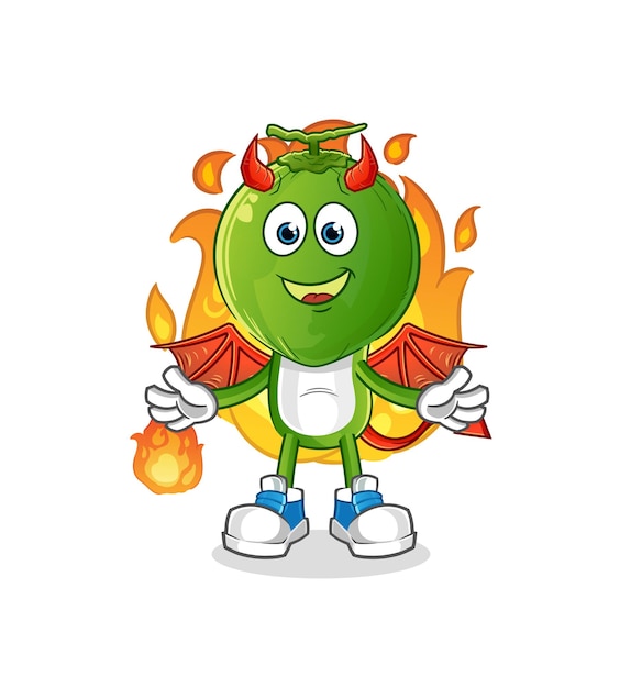 Green coconut head cartoon demon with wings character. cartoon vector