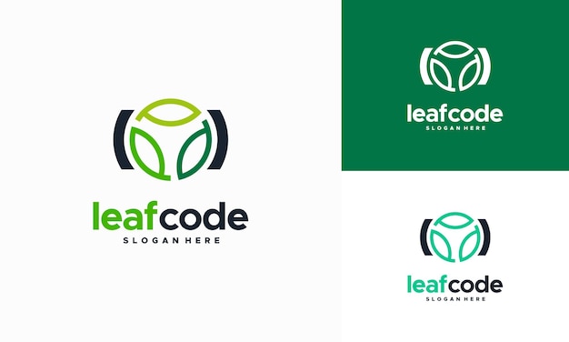 Green Code leaf logo design. Programming code logo template. Eco tech logo template design vector