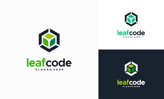 Green Code leaf logo design. Programming code logo template. Eco tech logo template design vector