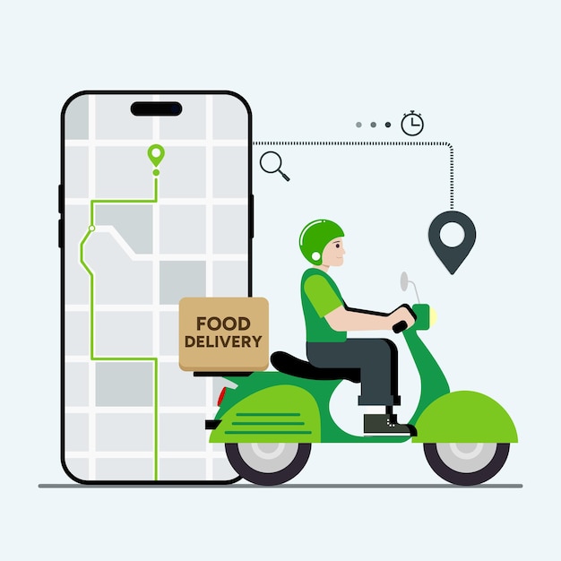 Green courier online food delivery vector illustration