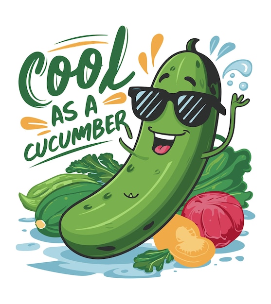 a green cucumber with sunglasses on it is smiling and waving