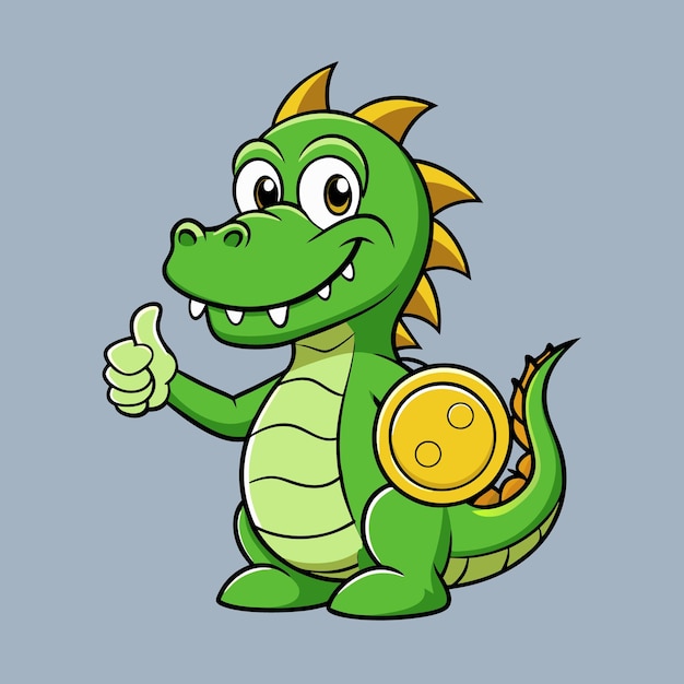 green dragon holding gold coin and thumbs up cartoon illustration