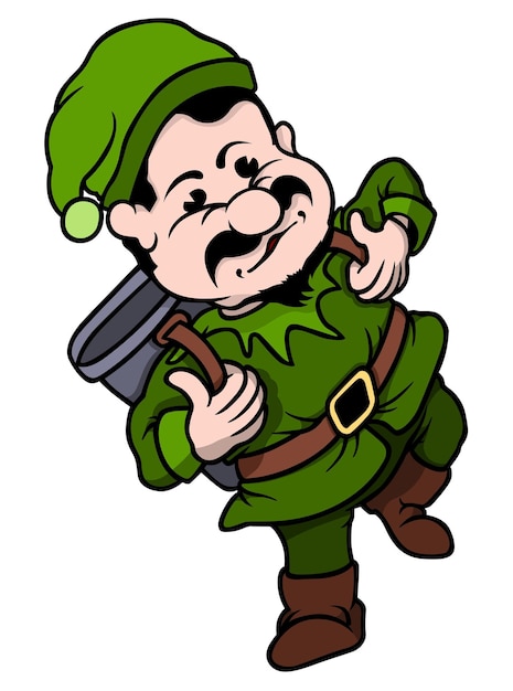 Green Dwarf Miner with a Back Bucket as Cartoon Illustration