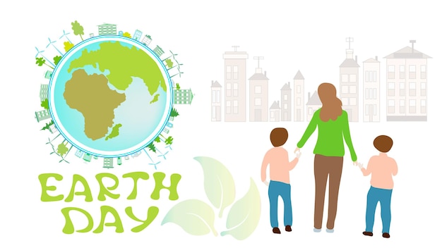 A green earth day banner with a green planet and a child holding hands