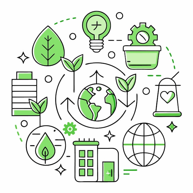 Vector green ecofriendly icons in circular pattern around globe with leaves building and lightbulb