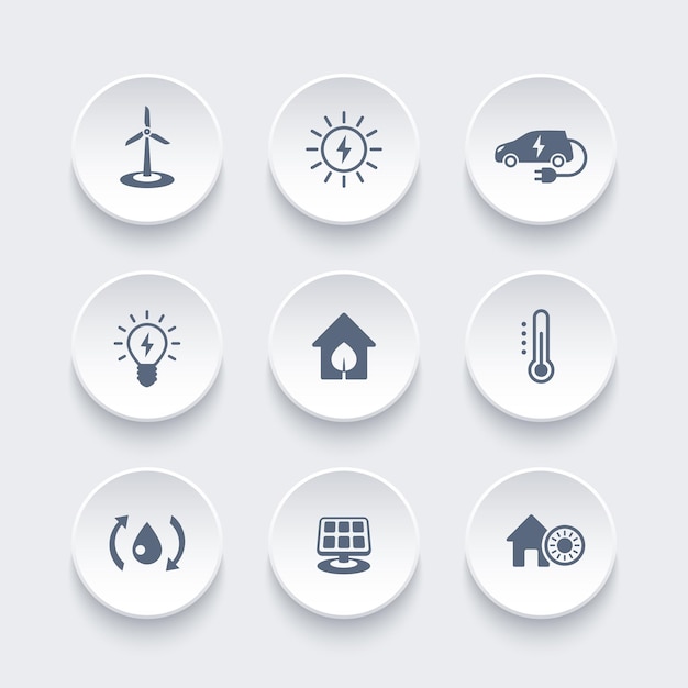 Green ecologic house energy saving technologies icons on round 3d shapes vector illustration