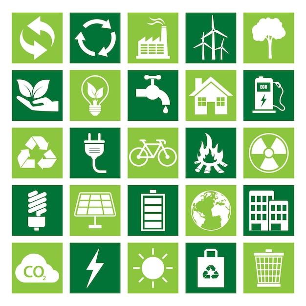 green ecology icons set on white background nature sign symbol saving support and solution