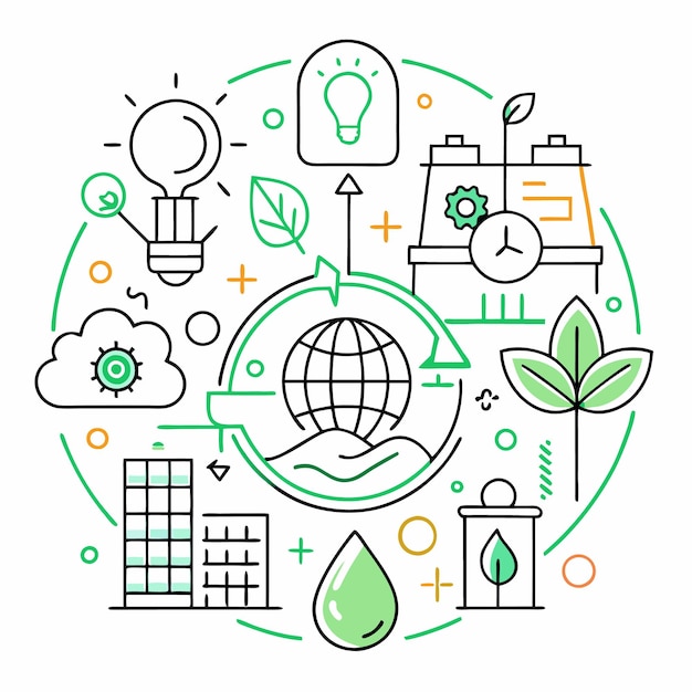 Vector green economy concept with globe buildings and plants