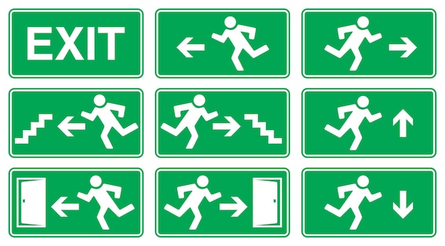 Green Emergency Exit Sign, Icon and Symbol Set