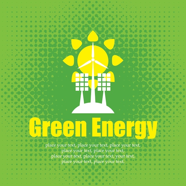 green energy banner with solar panels and wind turbines