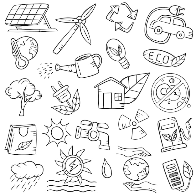 Vector green energy concept doodle hand drawn set collections with outline black and white style vector illustration