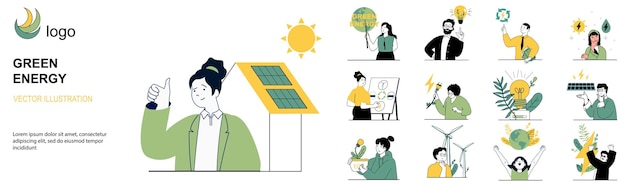 Green energy concept with character situations collection Bundle of scenes people using alternative energy sources and take care about nature and ecology Vector illustrations in flat web design