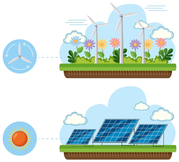 Green energy concept with solar panels and wind turbines